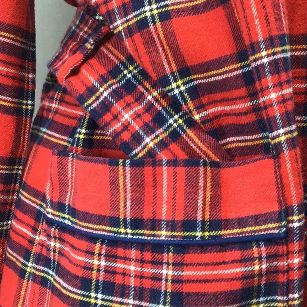 Vintage Red Plaid Tartan Blue Piping Self Tie Belt Front Pocket Flannel Maxi - Picture 6 of 15